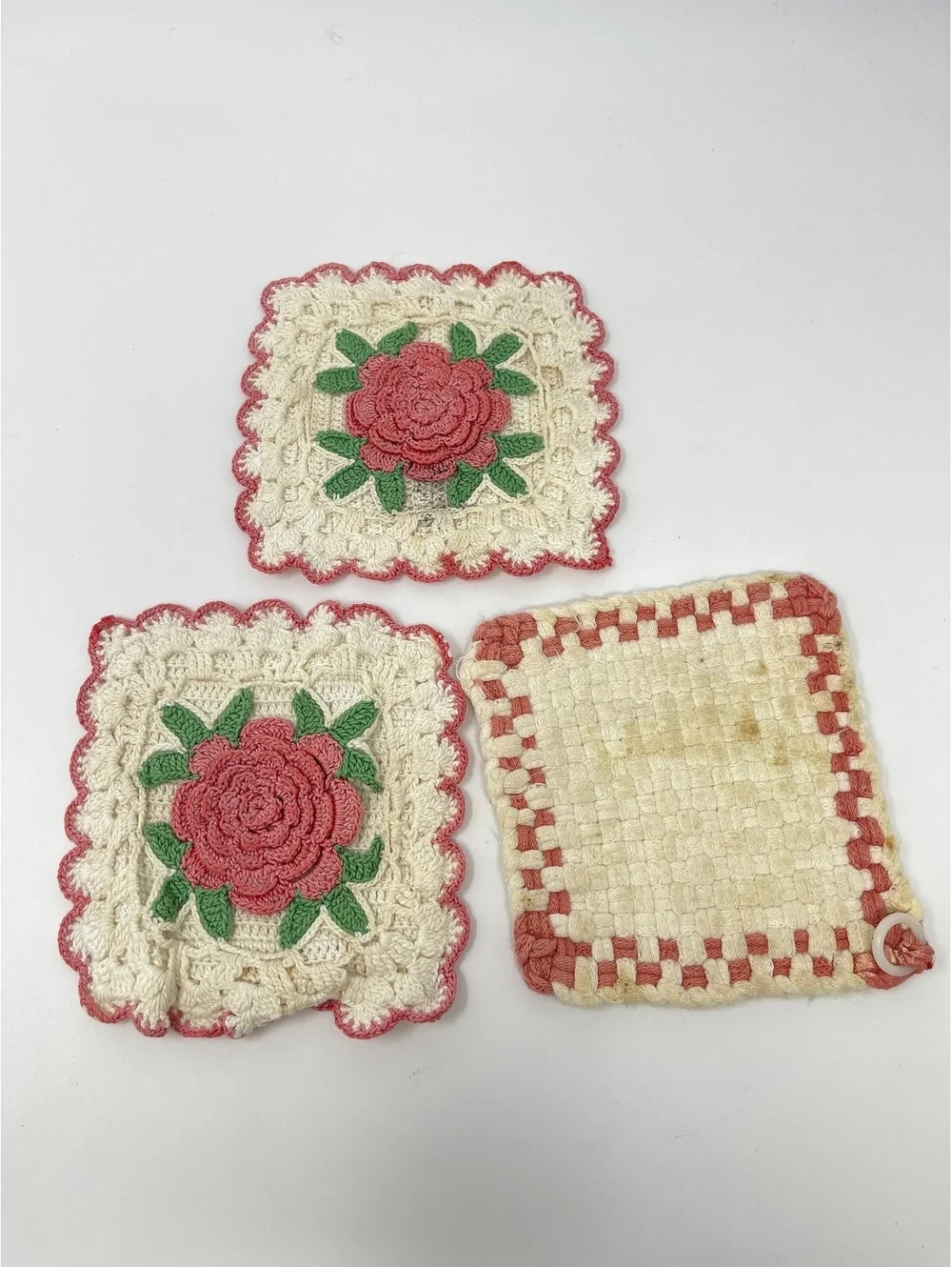 Vintage Pot Holders Handmade 1940’s 1960 Used Lot Of 14 Seashells Roses Knit
